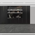 Modern Wine Cabinet With Dark Wood Cabinetry Glass Shelves Wine Bottles And Decorative Accents