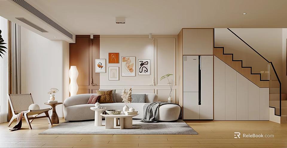Modern Apartment Living Room With Comfortable Sofa Decorative Paintings Storage Cabinets And Soft Rug 3d model 