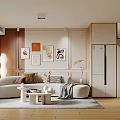 Modern Apartment Living Room With Comfortable Sofa Decorative Paintings Storage Cabinets And Soft Rug