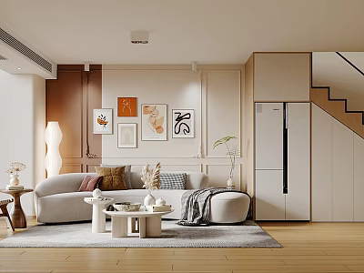 Modern Apartment Living Room With Comfortable Sofa Decorative Paintings Storage Cabinets And Soft Rug 3d model