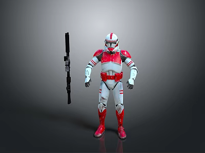 Red And White Armored Soldier Figure Standing With Long Weapon In Gray Setting 3d model