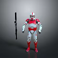 Red And White Armored Soldier Figure Standing With Long Weapon In Gray Setting