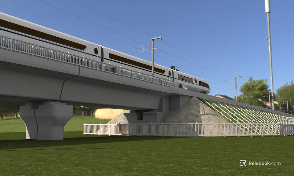Viaduct Bridge with High Speed Train Under Blue Sky Over Green Grassland 3d model 