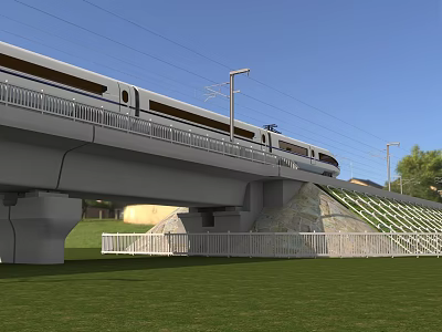 Viaduct Bridge with High Speed Train Under Blue Sky Over Green Grassland 3d model