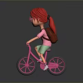Game Movie Character with Red Hair Glasses Pink Striped Shirt Blue Shorts Riding Pink Bicycle
