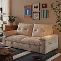 Beige Fabric Three Seater Sofa with Plush Cushions and Wall Art in Bright Living Room