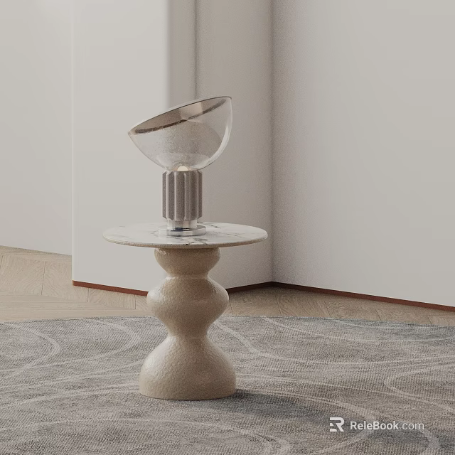 Modern Side Table With Marble Top Cream White Base And Silver Decorative Object On Carpet 3d model