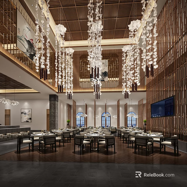 Elegant Restaurant Interior With Hanging Chandeliers Wooden Structures And Dining Tables 3d model 