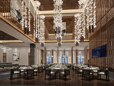 Elegant Restaurant Interior With Hanging Chandeliers Wooden Structures And Dining Tables 3d model