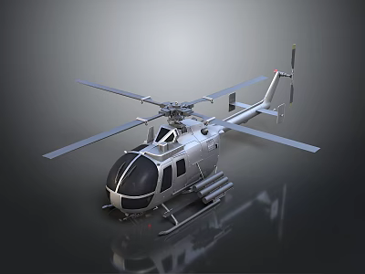 Military Helicopter With Silver Gray Body And Weapons On Dark Background With Reflection 3d model