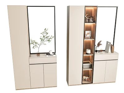 Entryway Cabinet And Side Cabinet Modern Light Tone Design With Mirror And Storage Shelves 3d model