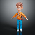 Cartoon Boy Character In Orange Hoodie Blue Pants Green Shoes With Brown Bag On Dark Background