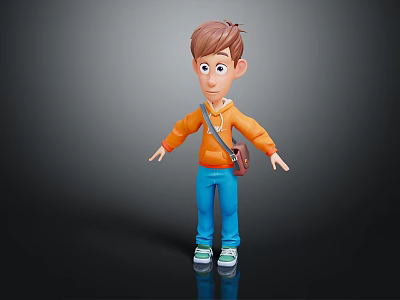 Cartoon Boy Character In Orange Hoodie Blue Pants Green Shoes With Brown Bag On Dark Background 3d model