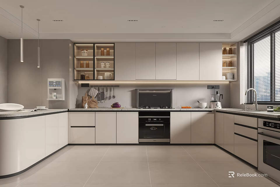 Modern Kitchen Interior With White Cabinets Island Counter And Stainless Steel Appliances 3d model 