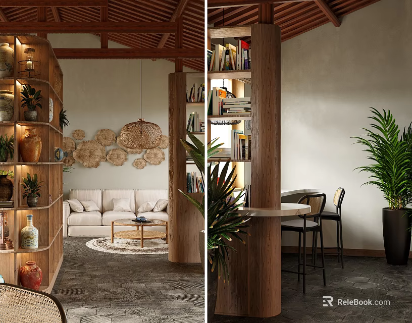 Rustic Restaurant Interior Featuring Wooden Columns Bookshelves Sofa Seating And Green Plants 3d model 