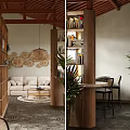 Rustic Restaurant Interior Featuring Wooden Columns Bookshelves Sofa Seating And Green Plants