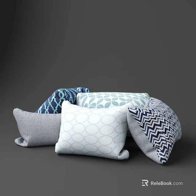 Soft Decorative Throw Pillows With Blue Gray White Patterns For Home Decoration 3d model