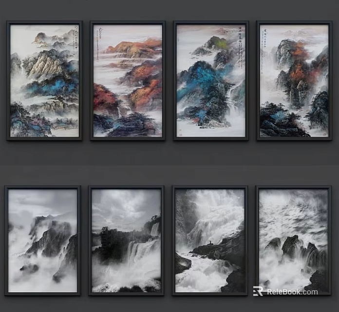 Landscape Paintings Mountain And Water With Clouds Mist Colorful Black And White Hanging On Wall 3d model 