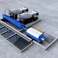 Industrial Equipment Setup For Concrete Production With Cement Mixer Trucks And Storage Bins