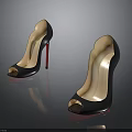 Black Leather Peep Toe High Heels With Red Thin Heels And Shiny Surface