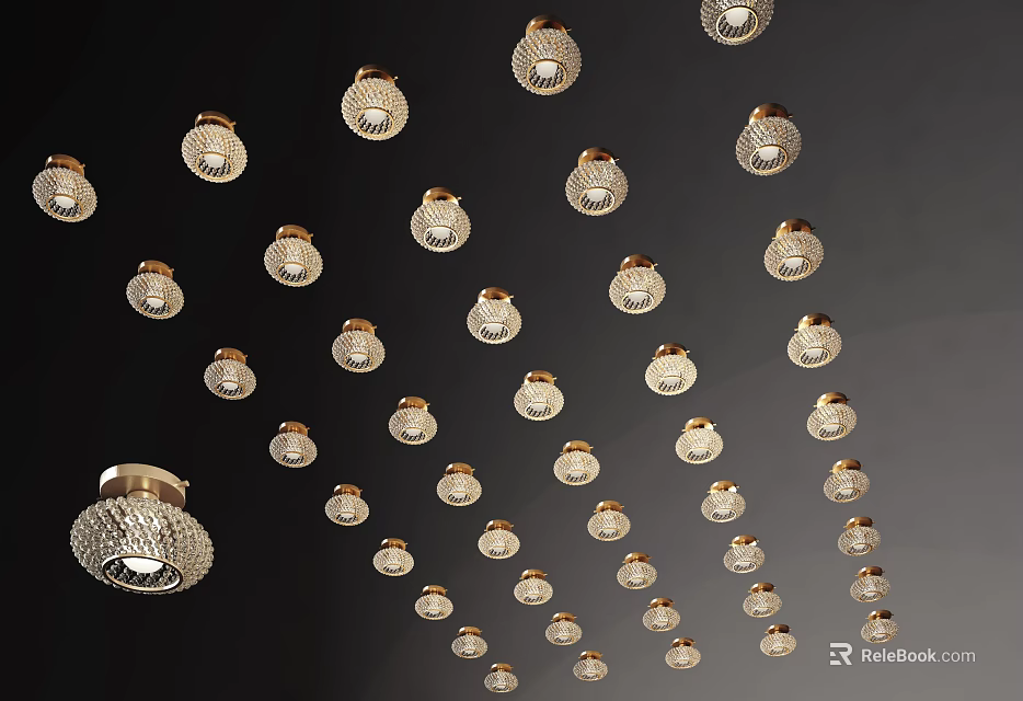 Multiple Small Crystal Chandeliers with Gold Accents Arranged Hanging from Ceiling 3d model 