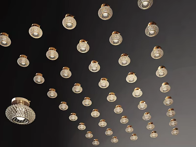 Multiple Small Crystal Chandeliers with Gold Accents Arranged Hanging from Ceiling 3d model
