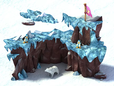 Cartoon Snowy Scene With Ice Cliffs Penguins Polar Bear And Pink Flag 3d model