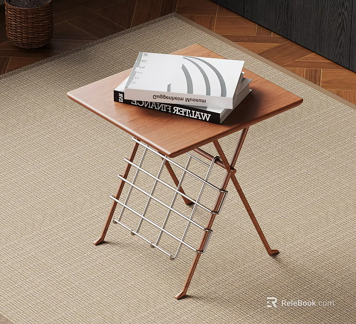 Modern Wooden Folding Table With Metal Frame And Books On Living Room Carpet 3d model 