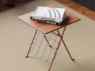 Modern Wooden Folding Table With Metal Frame And Books On Living Room Carpet 3d model