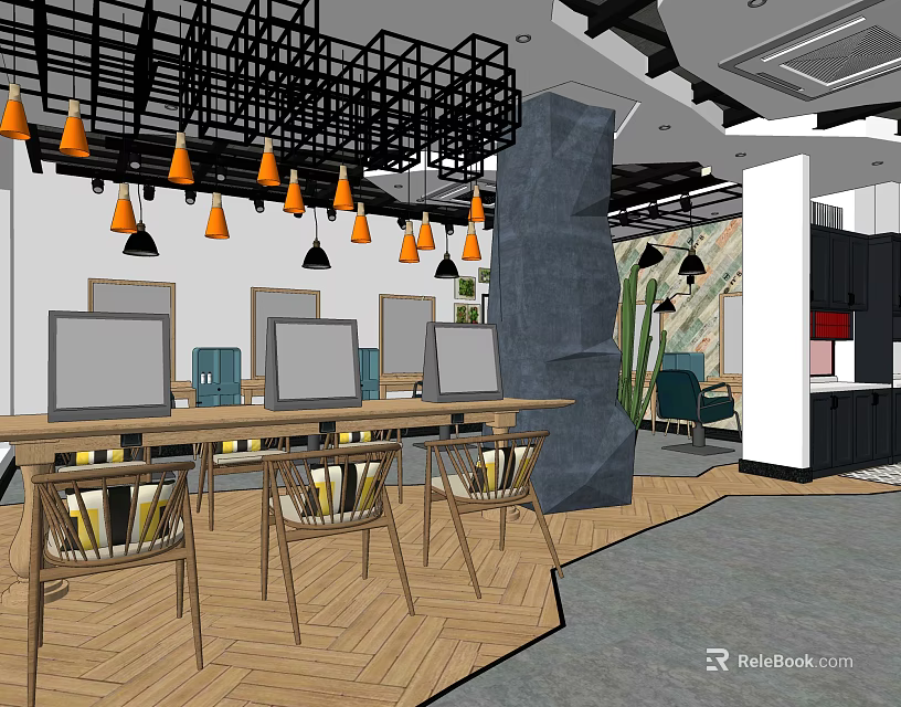 Modern Hair Beauty Salon Interior With Styling Workstations Chairs And Pendant Lights 3d model 