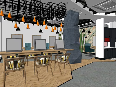 Modern Hair Beauty Salon Interior With Styling Workstations Chairs And Pendant Lights 3d model