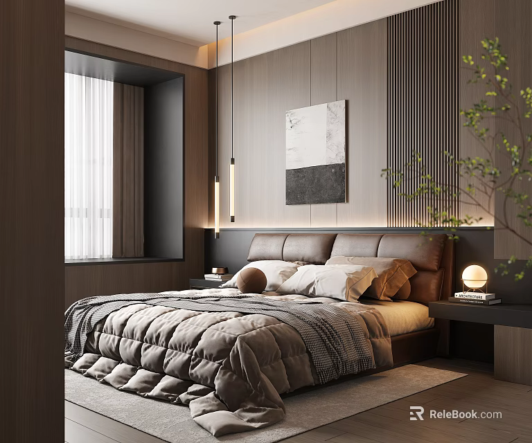 Modern Bedroom Interior Design With Upholstered Headboard Pendant Lights Nightstand Artwork And Green Plant 3d model 