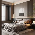 Modern Bedroom Interior Design With Upholstered Headboard Pendant Lights Nightstand Artwork And Green Plant