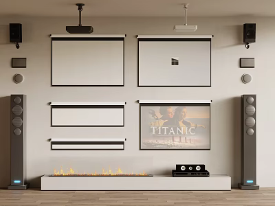 Modern Electric Fireplace In Home Theater With Projector Screens And Speakers 3d model