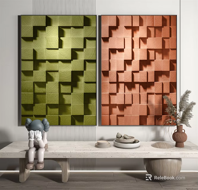 Green And Orange 3D Cube Wall Art With White Console Table And Decor Items 3d model