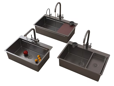 Stainless Steel Kitchen Sinks with Modern Faucet Double Bowl and Drainer Design 3d model
