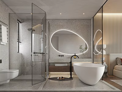 Modern Bathroom Interior Design With Glass Shower Enclosure Oval Mirror Free standing Bathtub And Vanity 3d model