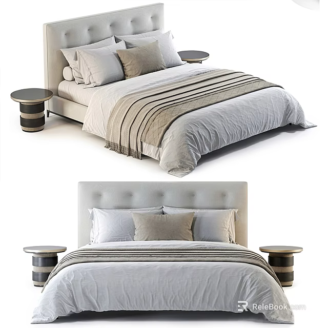 Stylish Double Bed With Upholstered Headboard Neutral Tones Pillows And Matching Nightstands 3d model 