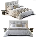 Stylish Double Bed With Upholstered Headboard Neutral Tones Pillows And Matching Nightstands