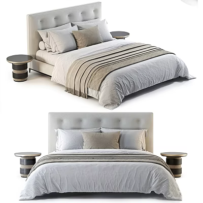 Stylish Double Bed With Upholstered Headboard Neutral Tones Pillows And Matching Nightstands 3d model