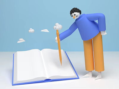 Character Writing In Open Book With Pencil Paper Planes And Clouds 3d model