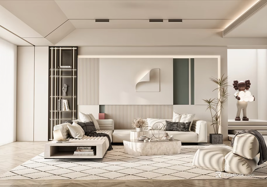 Modern Living Room Interior With White Sofa Marble Coffee Table Rug Bookshelf And Decorative Items 3d model 