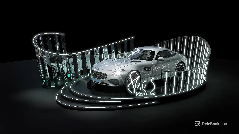 Silver Mercedes Sports Car On Transparent Curved Illuminated Display Stand With Steps And Black Background 3d model 