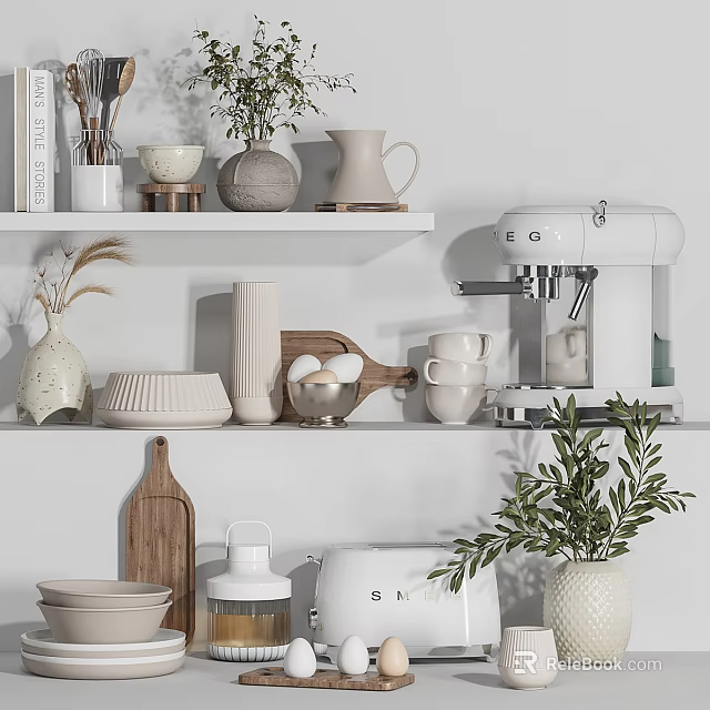 Stylish Decorative Ornament Set for Kitchen Shelf with Vases Bowls Mugs Coffee Machine Toaster Plants 3d model 