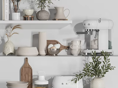 Stylish Decorative Ornament Set for Kitchen Shelf with Vases Bowls Mugs Coffee Machine Toaster Plants 3d model