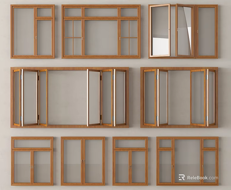 Various Wooden Window Styles With Glass Panels And Different Frame Designs 3d model