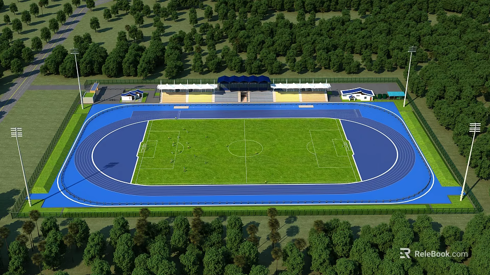 Football Stadium Field With Green Grass Pitch Blue Running Track Spectator Stands And Surrounding Trees 3d model 