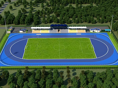Football Stadium Field With Green Grass Pitch Blue Running Track Spectator Stands And Surrounding Trees 3d model