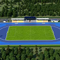 Football Stadium Field With Green Grass Pitch Blue Running Track Spectator Stands And Surrounding Trees