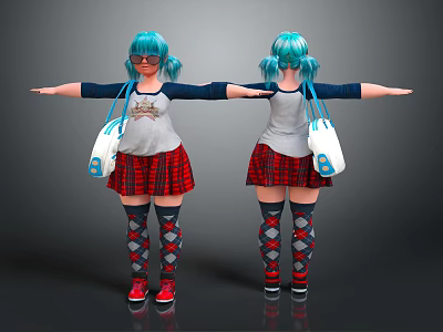Blue Haired Girl Character With Animal Pattern T Shirt Red Plaid Skirt And White Bag 3d model